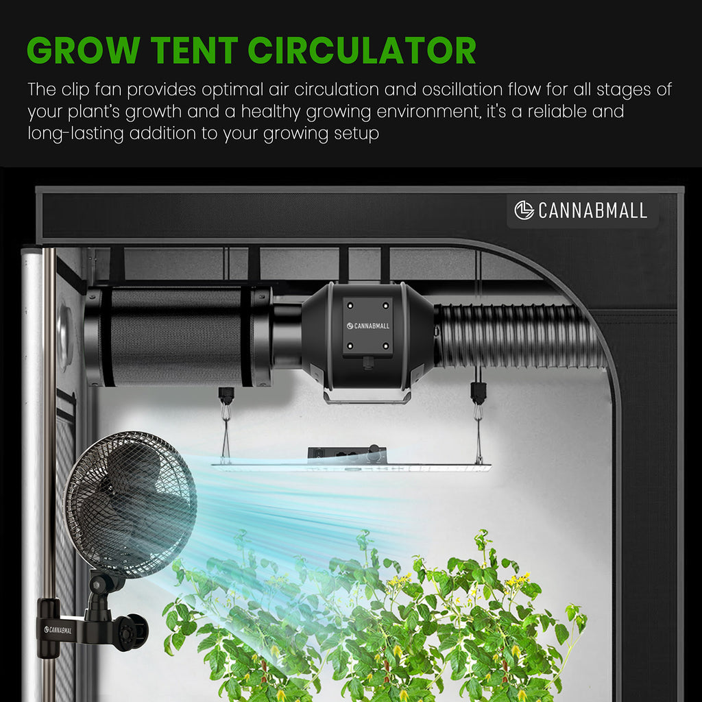 Ansteckbarer Ventilator für Grow Tents, 6 Zoll oszillierender Ventilator mit verstellbarem Griffclip und 2 Geschwindigkeitsoptionen, starker Luftstrom, feuchtigkeitsbeständiger Motor, leise Umwälzkühlung für Hydrokulturen
