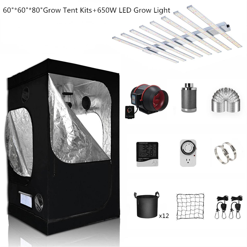 Complete Grow Tent Kit 60" X 60" X 80" 600D Growing Tent CM6400 640W LED Grow Light Dimmable Full Spectrum 6 Inch Ventilation System Setup e