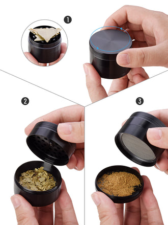 2,5-Zoll-Kräutermühle, 4-teilige Mühle aus Zinklegierung, 25-Zoll-Gewürzmühle, schwarze Metallmühlen mit Maschensieb